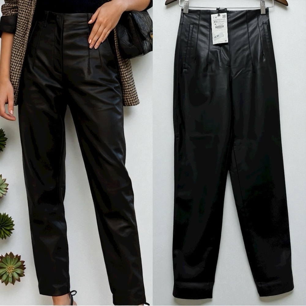 402 ZARA | NWT Black Faux Leather High-Waisted Tapered Pants (Size XS)